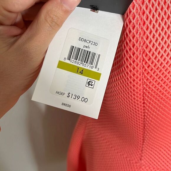 DKNY Womens A Line Sleeveless Waffle Mini Dress Pleated Coral Size 14 NWT - Picture 7 of 13